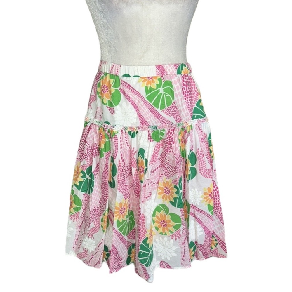 Vintage Lilly Pulitzer Tiered Slip Skirt - White Pink Sunbather Alligator  XS